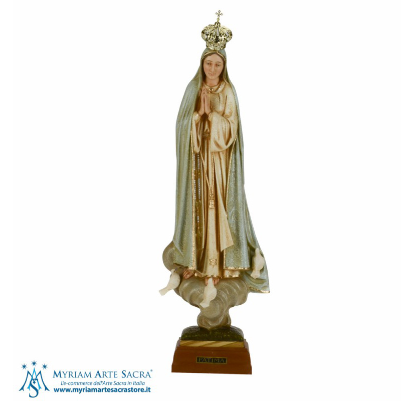 Statua della Madonna di Fatima con effetto pietra in PVC e base in legno. Prodotta direttamente in Portogallo da esperti artigiani.